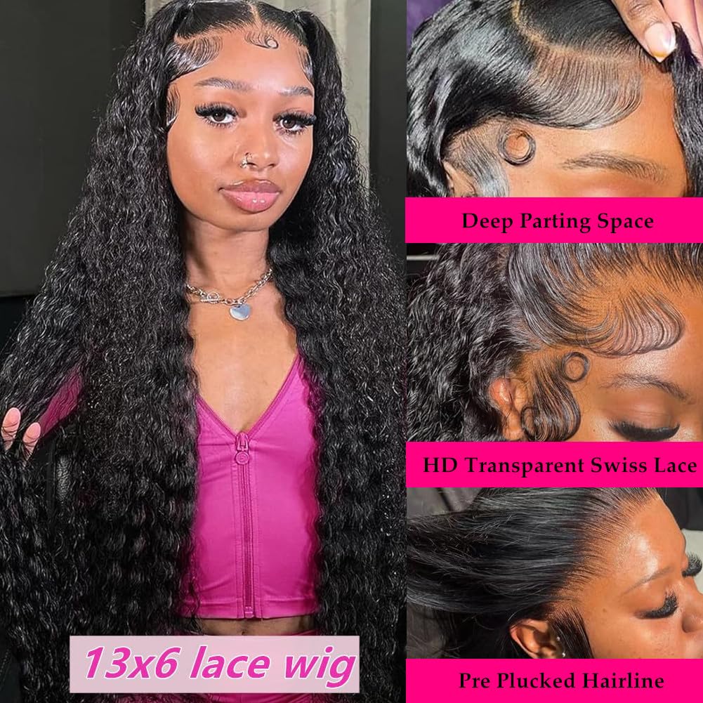 GCTGCT 32 Inch 13x6 Deep Wave Lace Front Wigs Human Hair Pre Plucked 13x6 HD Transparent Lace Frontal Wigs for Women Deep Curly Human Hair Lace Front Wigs with Baby Hair 180% Density Natural Black 