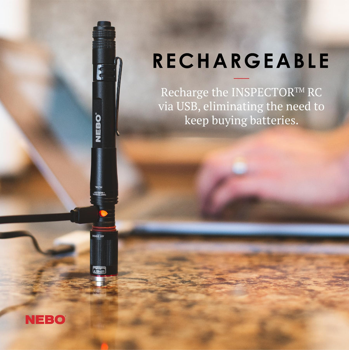 NEBO INSPECTOR RC Pen Light | 360 Lumens, 3 Light Modes, Rechargeable & AAA Battery Powered LED Flashlight, Waterproof, Compact & Durable, Pocket Clip for EDC, Includes USB Charging Cable