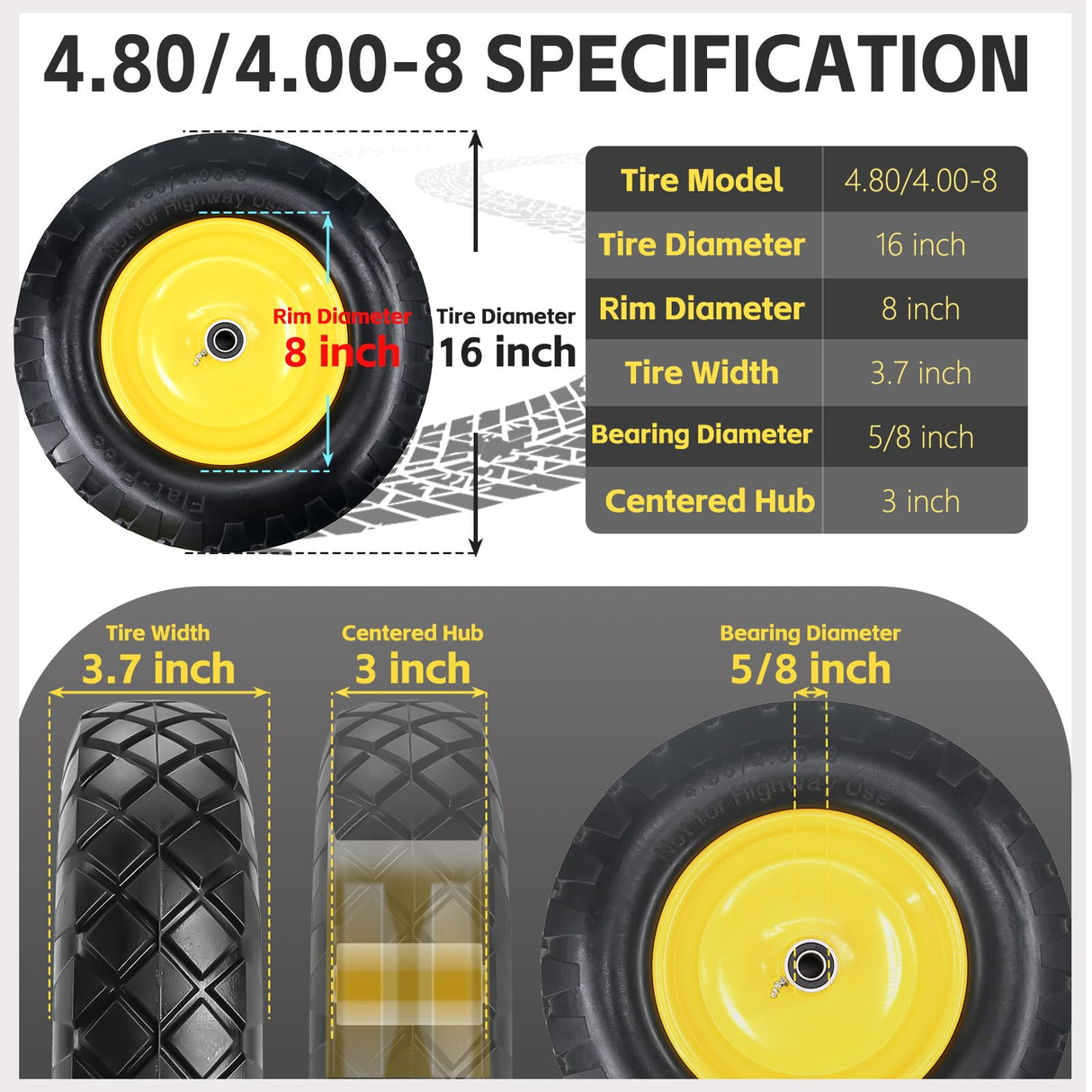 4.80/4.00-8 Solid Wheelbarrow Tire and Wheel 16" Flat-Free Tire with 3" Centered Hub 5/8" & 3/4" Bearings Fits Garden Cart, Hand Truck, Wagon,Trolleys and Trailers