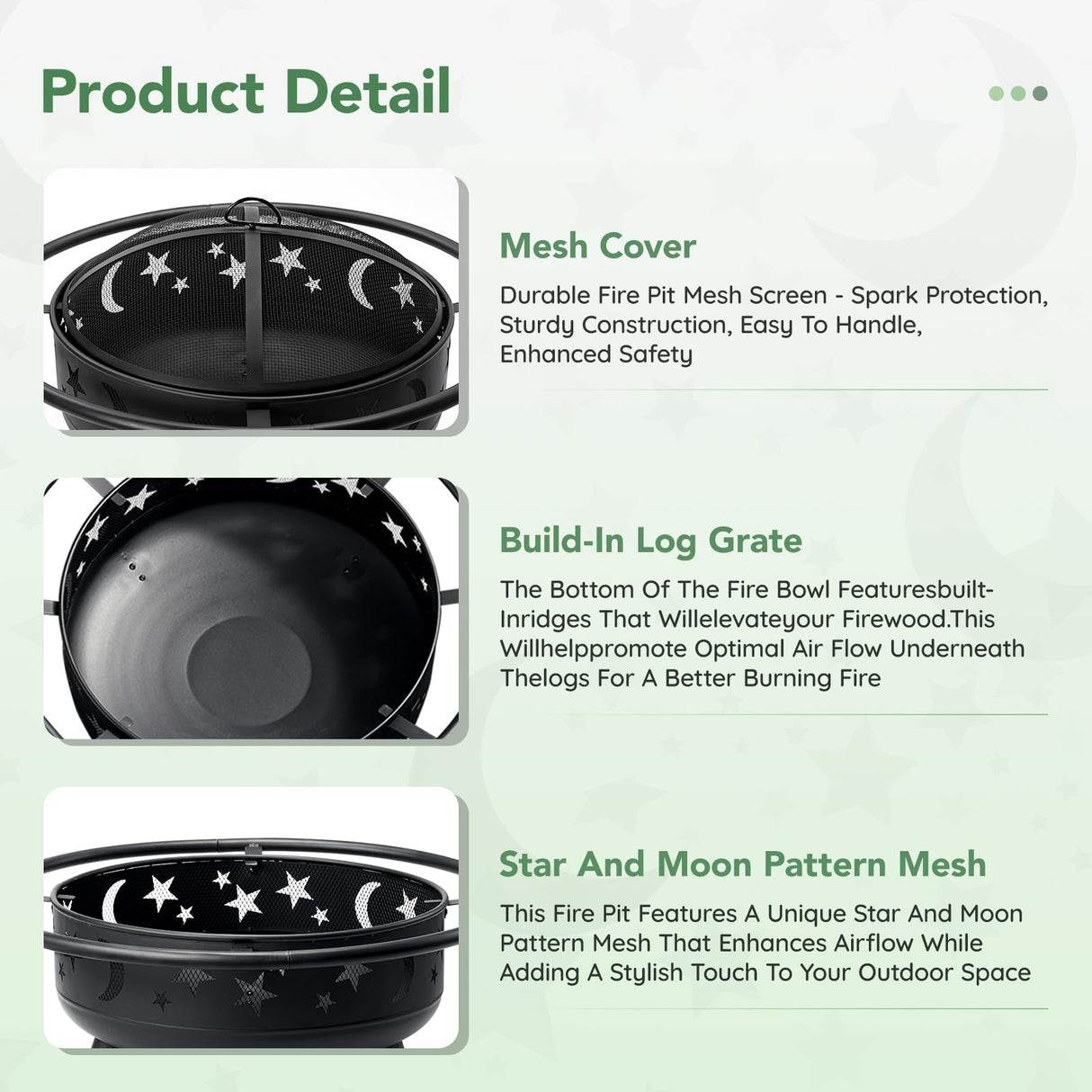 32 Inch Round Fire Pit with Mesh Cover, Fire Poker, Star and Moon Design, Metal Wood Burning Outdoor Firepit for Patio, Backyard, Garden, Bonfire Party,Perfect for Christmas, Thanksgiving, Halloween