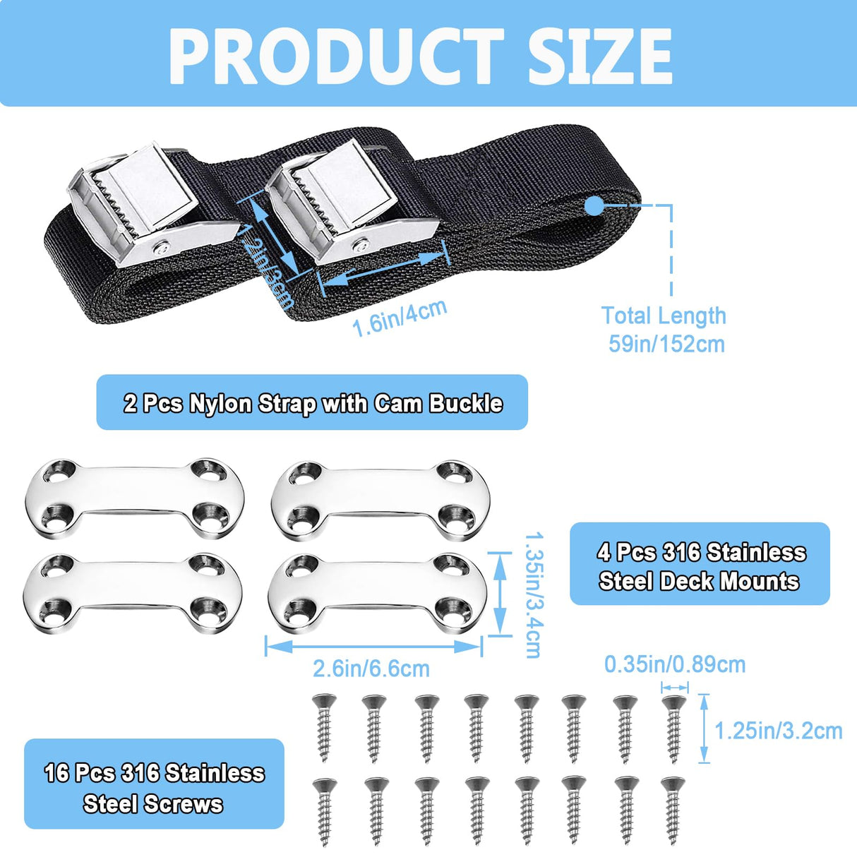 Cooler Tie Down Kit for YETI RTIC Coolers, Universal Cooler Straps with Stainless Steel Deck Plates & Screws, Adjustable Cam Buckle Lashing Straps for Boat, Truck Bed, Trailer, Prevent Sliding