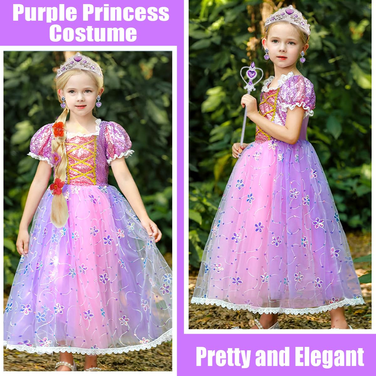 Luzlen Little Girls Princess Costume Kids Fancy Purple Dress for Halloween Party Christmas Carnival, 5-6 Years(Label 130)