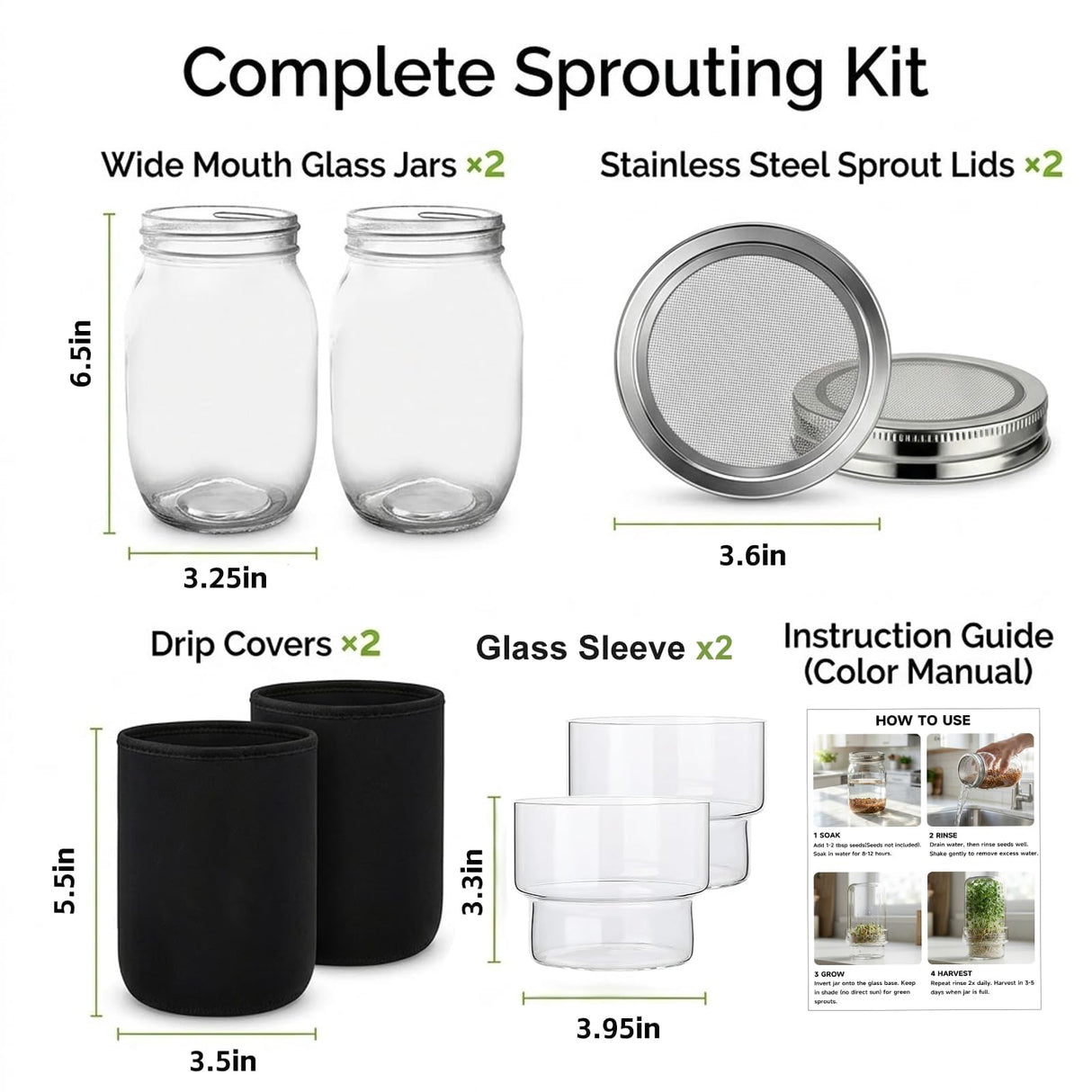 DWETG Sprouting Jar Kit, 2 Pack Wide Mouth Mason Jar Sprouter with Stainless Stee Screen Lids & Mess-Free Drip Covers Complete Indoor Microgreens Growing Kit Broccoli Alfalfa Gardening Gift