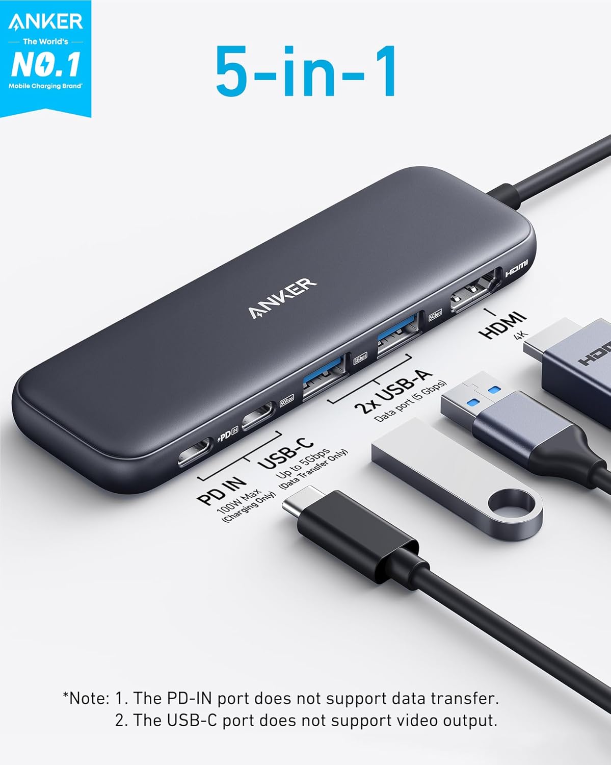 Anker Hub USB C, divisor USBC a HDMI 5 en 1 con pantalla 4K, 1 puerto USB-C de 5 Gbps alimentado y 2 puertos de datos USB-A 3.0 de 5 Gbps para MacBook Pro, MacBook Air, Dell y más