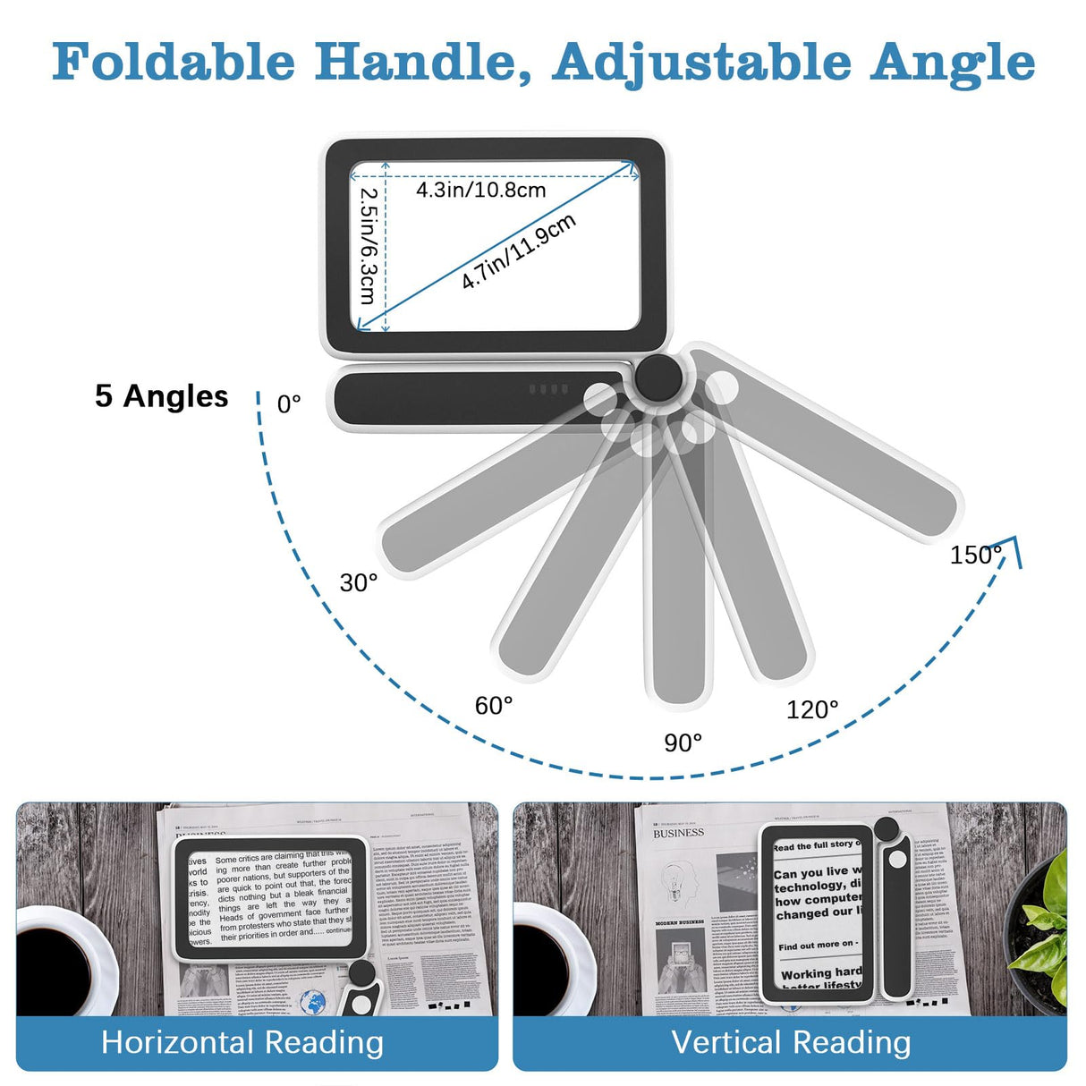 MoKo Magnifying Glass for Reading, Rechargeable 4X Full Page Book Magnifier, Magnifying Glass with Light 3 Modes, Folding Handheld Reading Magnifiers for Seniors Elderly Low Visions,Black