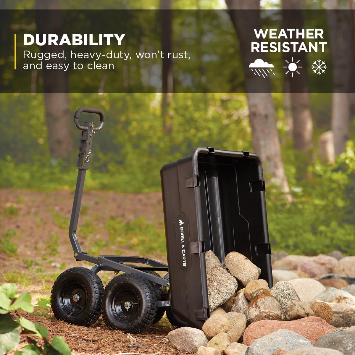 Gorilla Carts Poly Garden Dump Garden Cart with Easy to Assemble Steel Frame, Camping Wagon with Quick Release System, 1200 Pound Capacity, and 13 Inch Tires