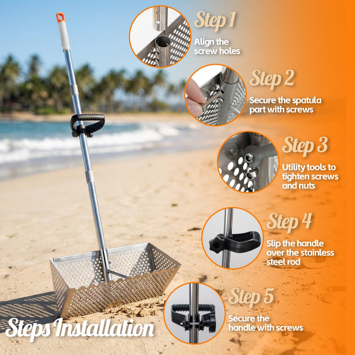 Sand Flea Rake with Beach Mesh Shovel, Detachable Long Handle Sand Sifter for Beach, The Shark Tooth Screen Comes with 16in Width Drain Screen with 52in Handle