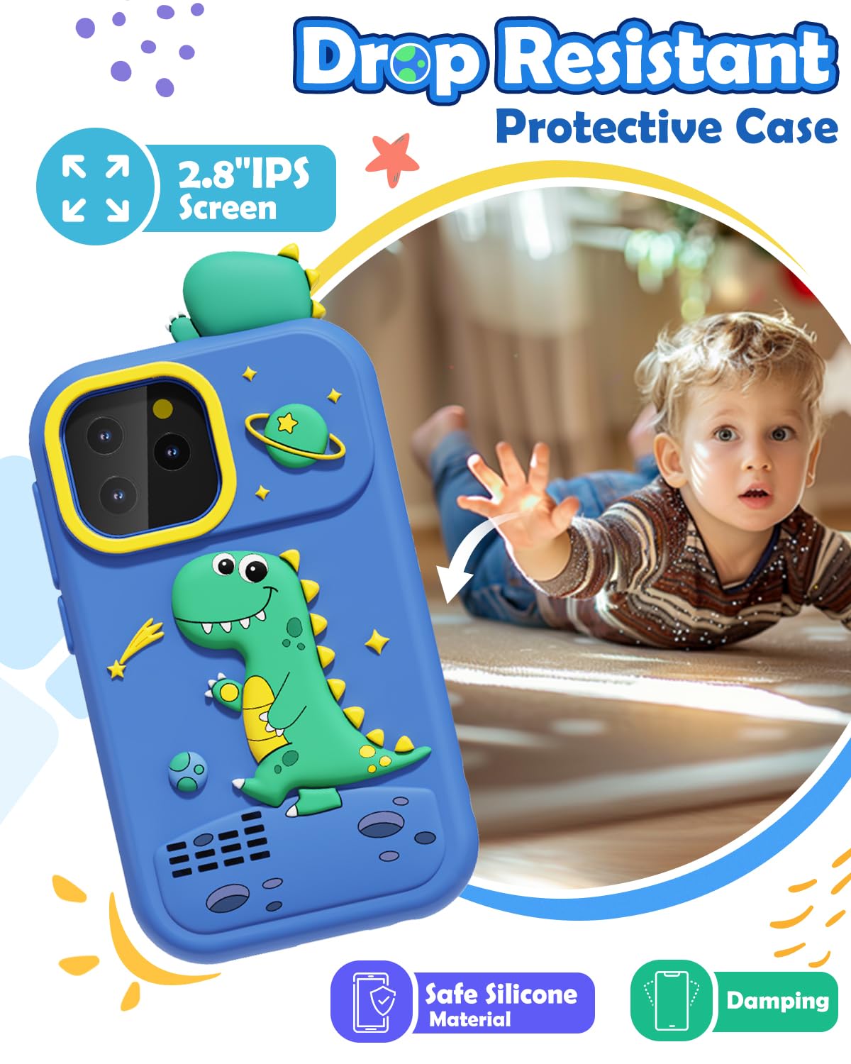 Sueseip Smart Phone for Kids Toys Age 4-6, Christmas Birthday Gifts Dinosaur Toddler Toys for Boys 5-7, Touchscreen Dual Camera Kids Cell Phone for Boys Age 8-10, with Games,SD Card,Screen Protector