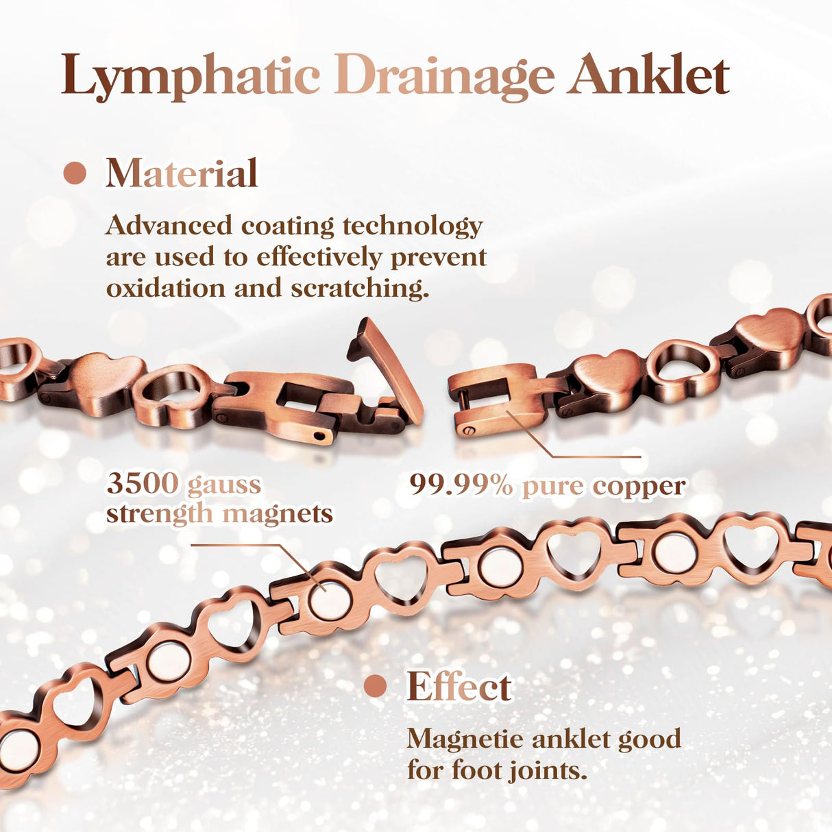 Copper Anklet for Women Magnetic Copper Ankle & Lymphatic Drainage Ring with 3500 Gauss Magnets 100% Solid Pure Copper Jewelry Gift with Adjustment Tool