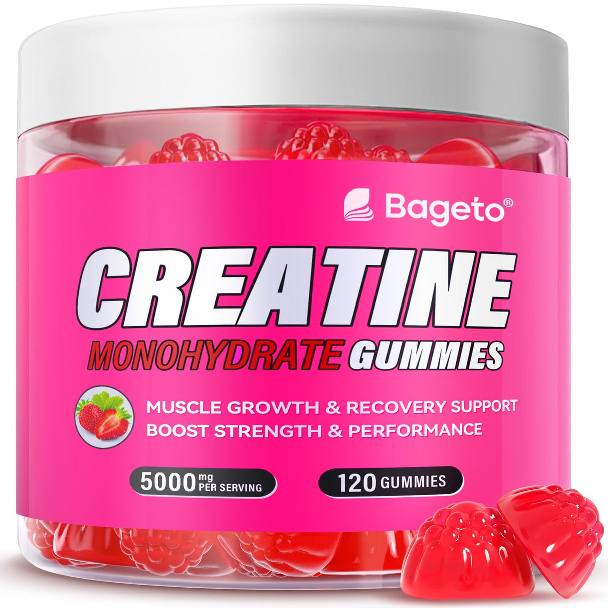 Creatine Monohydrate Gummies 5000mg for Men & Women, Gomitas de Creatina 5g Creatine Monohydrate, 0g Sugar Chewables Creatine Pre-Work Out for Muscle Strength, Vegan,120 Count (120 Count, Strawberry)