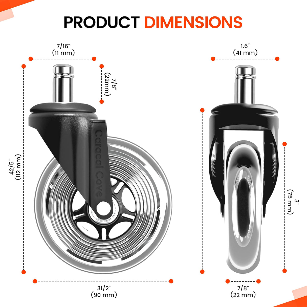 Office Chair Wheels Set of 5 – 3 Inch Roller Blade Wheels Office Chairs, Office Chair casters Desk & Gaming Chair – Quiet for Carpet, Hardwood & Wood Floors - Not for IKEA