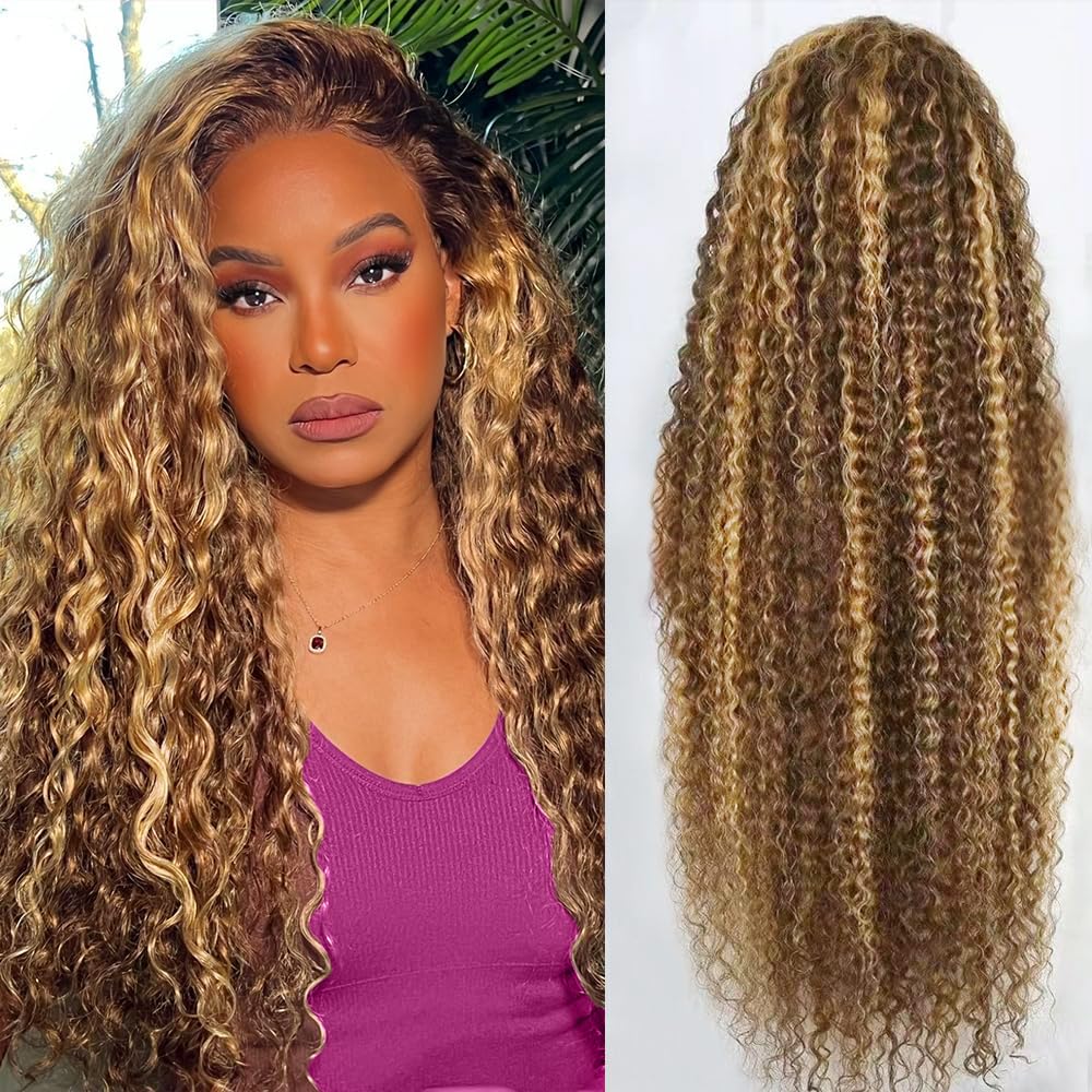 abbildung 30inch Highlight Ombre Lace Front Wig Human Hair 13x6 HD Honey Blonde 4/27 Deep Wave Lace Frontal Wigs Glueless Wigs Human Hair Pre Plucked with Baby Hair 200 Density