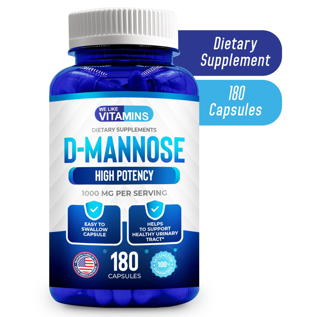 We Like Vitamins D-Mannose 1000mg Capsules - 180 Easy to Swallow Veggie Capsules - Cranberry D Mannose Supplement Helps Support Bladder and Urinary Tract Health