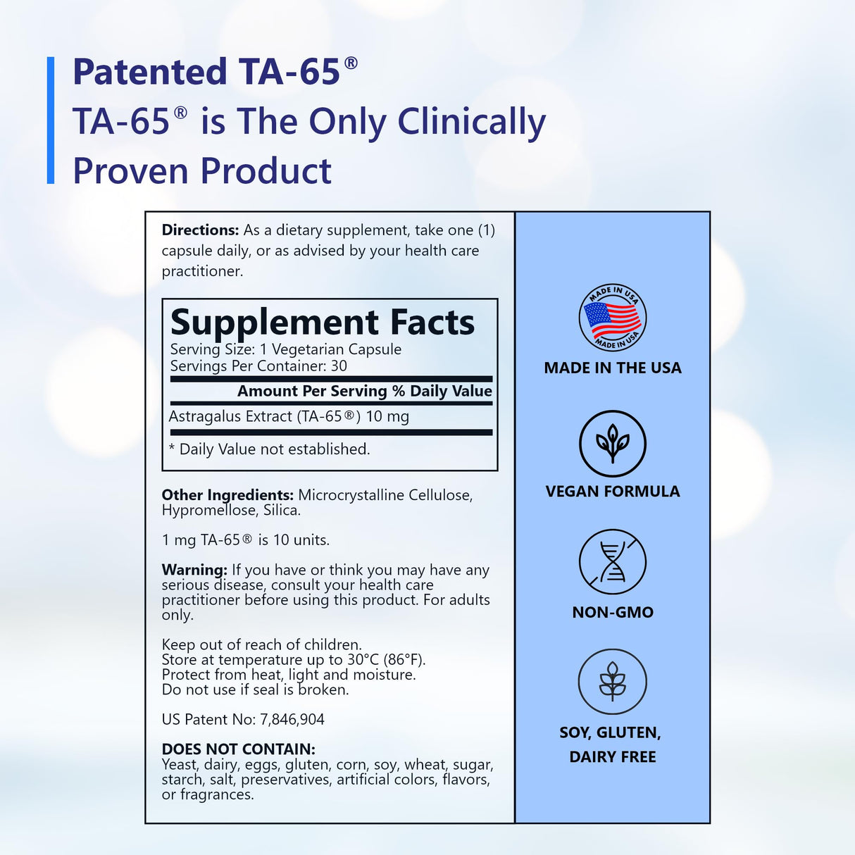 T.A. Sciences Telomerase Activation Supplement - 100 Units TA 65 MD, 30 Capsules