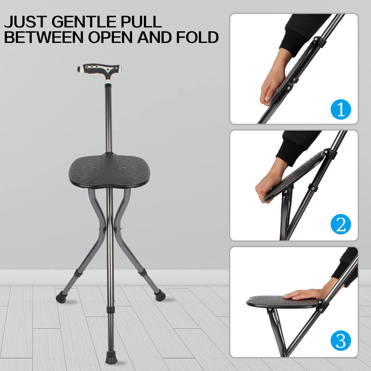 Hold 440 lbs Cane with Seat Combo Aluminum Alloy Portable LED Folding Walking Stick Chair Height Adjustable Heavy Duty Thick Stool Handy Unisex for Elderly Senior Light