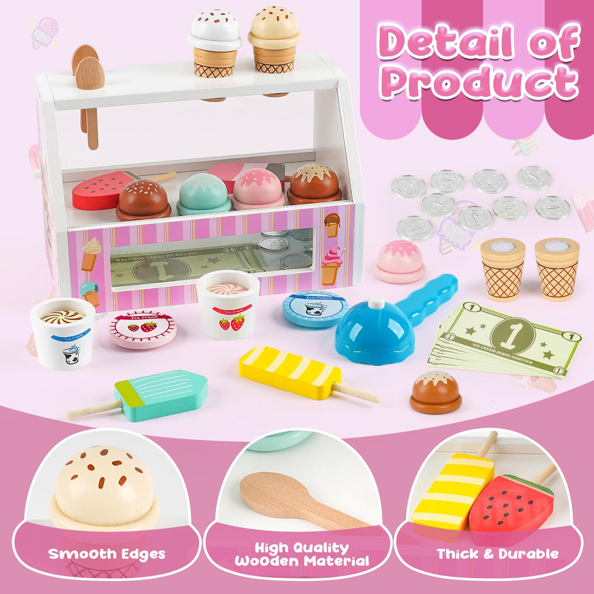 Dreamon Ice Cream Counter Playset for Kids, 38 PCS Wooden Ice Cream Set Shop for Toddlers 3-5, Toddler Pretend Play Toy, Christmas Birthday Gift for Boys and Girls