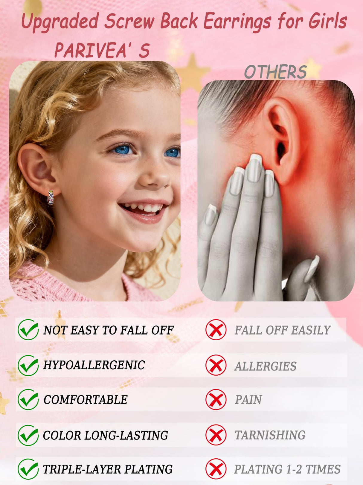 Hypoallergenic Screw Back Earrings for Women Girls Kids Surgical Steel Earrings for Sensitive Ears Cute Heart CZ Flower Butterfly Toddler Girl Earrings Screwback Studs Hoops, Star Age:overyears 4 old