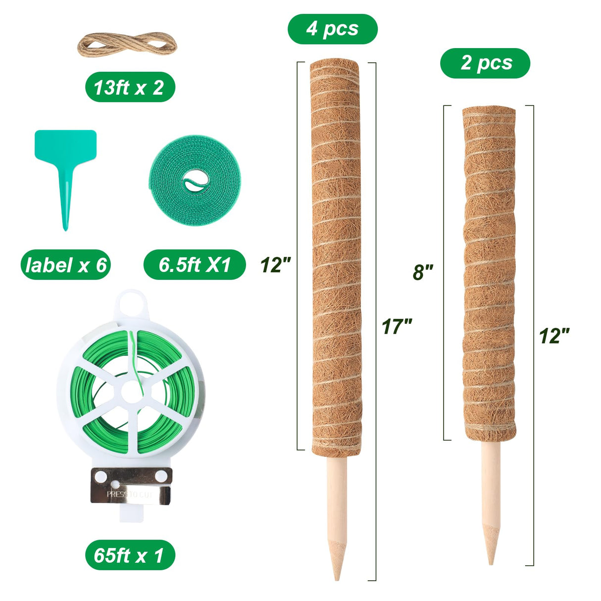 6 Pack Moss Poles for Monstera Plant Support (4x17in + 2x12in, 92in Total) – Stackable Moss Pole for Plants,Ideal Plant Stakes for Indoor Plants, Pothos, and Philodendron Support,with Garden Ties