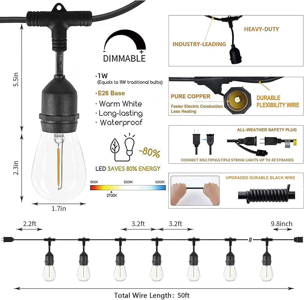 Svater Outdoor String Lights 150FT, E26 Socket, 48pcs S14 Shatterpoof Bulbs, 1 Watt Dimmable 2700K Warm White, IP65 Waterproof Commercial Grade Patio Lights(3 Pack X 50FT)