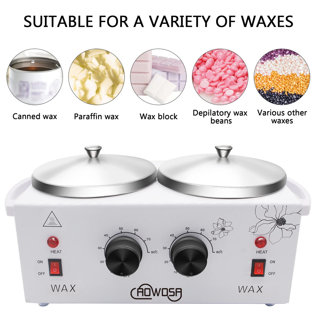 Double Wax Warmer Professional Electric Heater Machine for Hair Removal, Dual Pot Paraffin Facial Skin Body SPA Salon Equipment With Adjustable Temperature Set