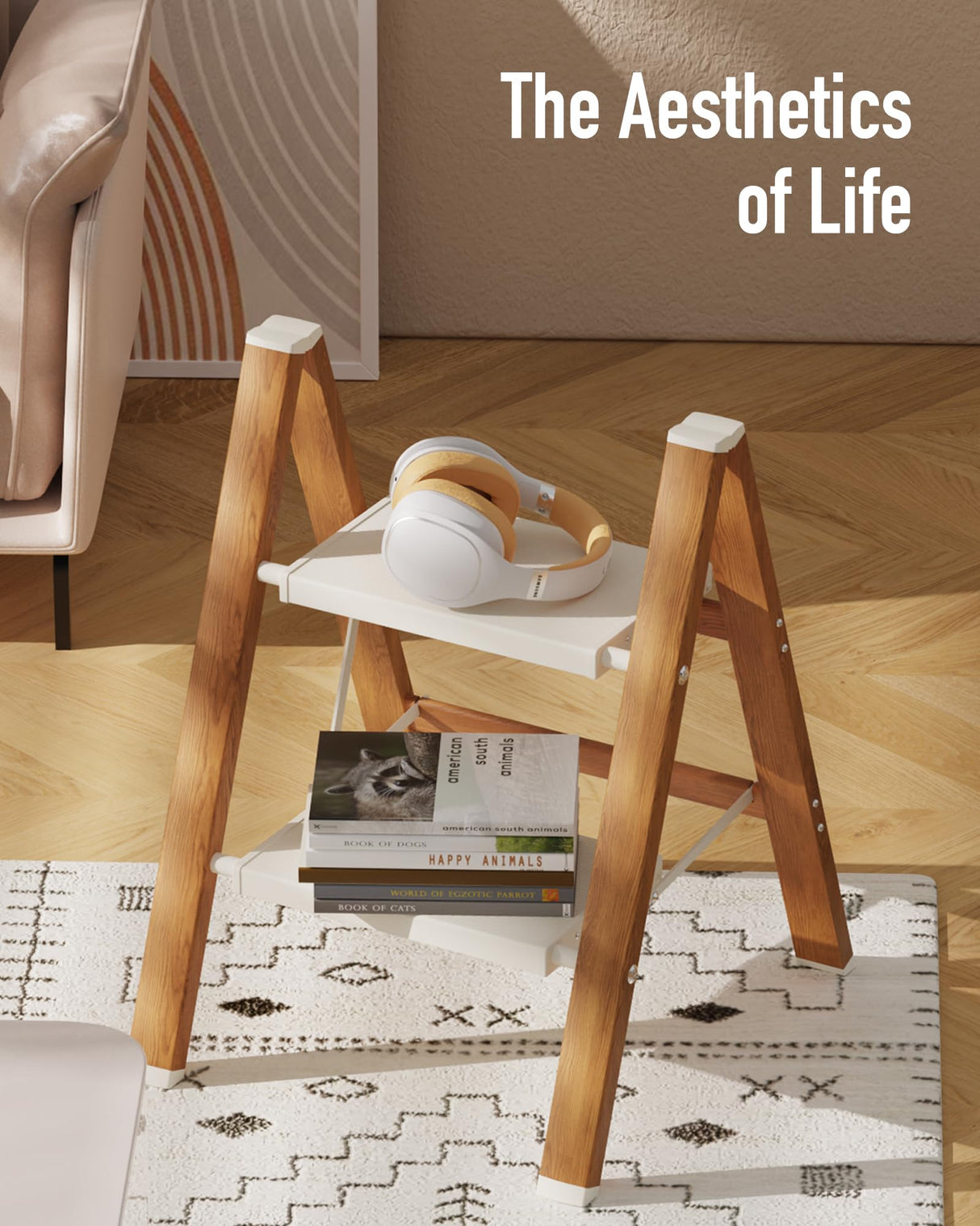 Mayi Plus 2-Step Aluminum Ladder,Lightweight Folding Step Stool with Extra-Wide Anti-Slip Steps,330 lbs Capacity,Compact Space-Saving Design for Home,Kitchen and Office(White&Woodgrain)