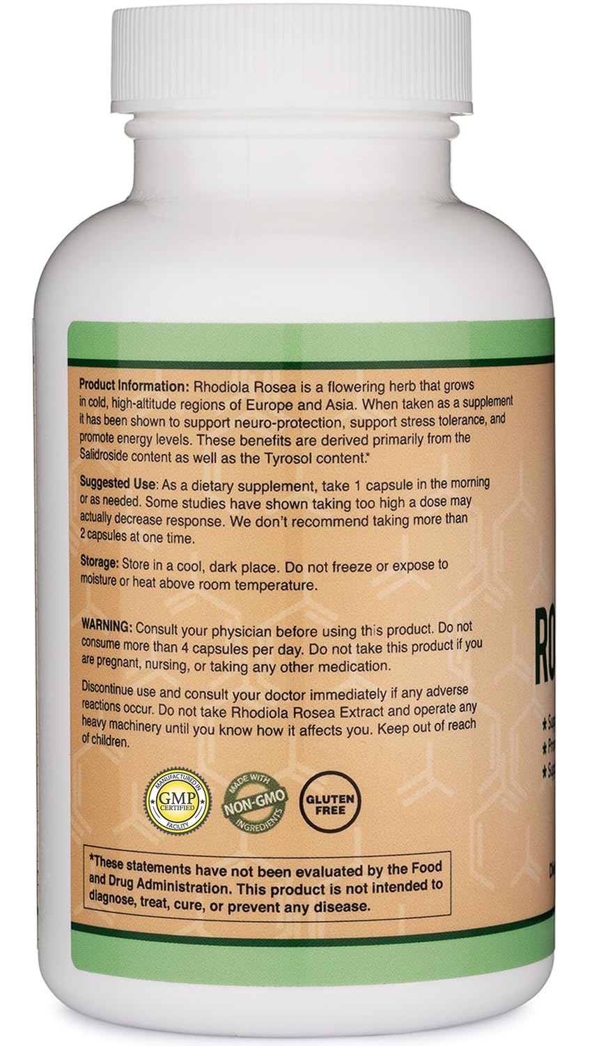 Rhodiola Rosea Supplement 500mg, 120 Vegan Capsules (Third Party Test, Gluten Free, 3% Salidrosides, 1% Rosavins Extract) for Performance, Calming, Motivation by Double Wood