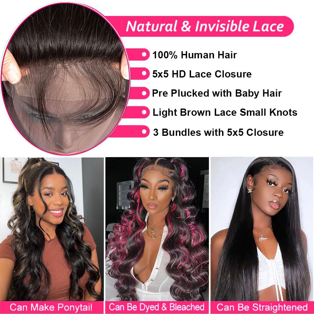 18 20 22 Inch Body Wave Bundles with Closure (16 Inch 5x5 HD Lace Closure) Human Hair Brazilian 3 Bundles with Closure Unprocessed Virgin Human Hair Free Part