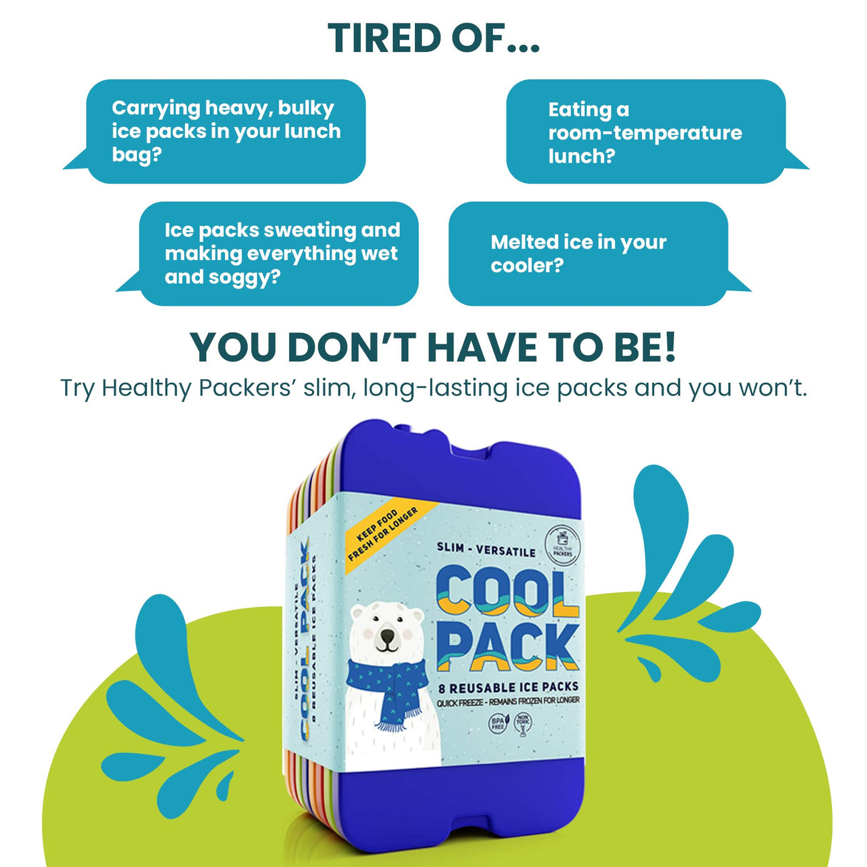 Healthy Packers Ice Packs for Lunch Boxes & Coolers - 8pk Original Cool Pack | Slim & Long-Lasting Reusable Ice Pack for Lunch Bags | Freezer Packs for Coolers (Set of 8)