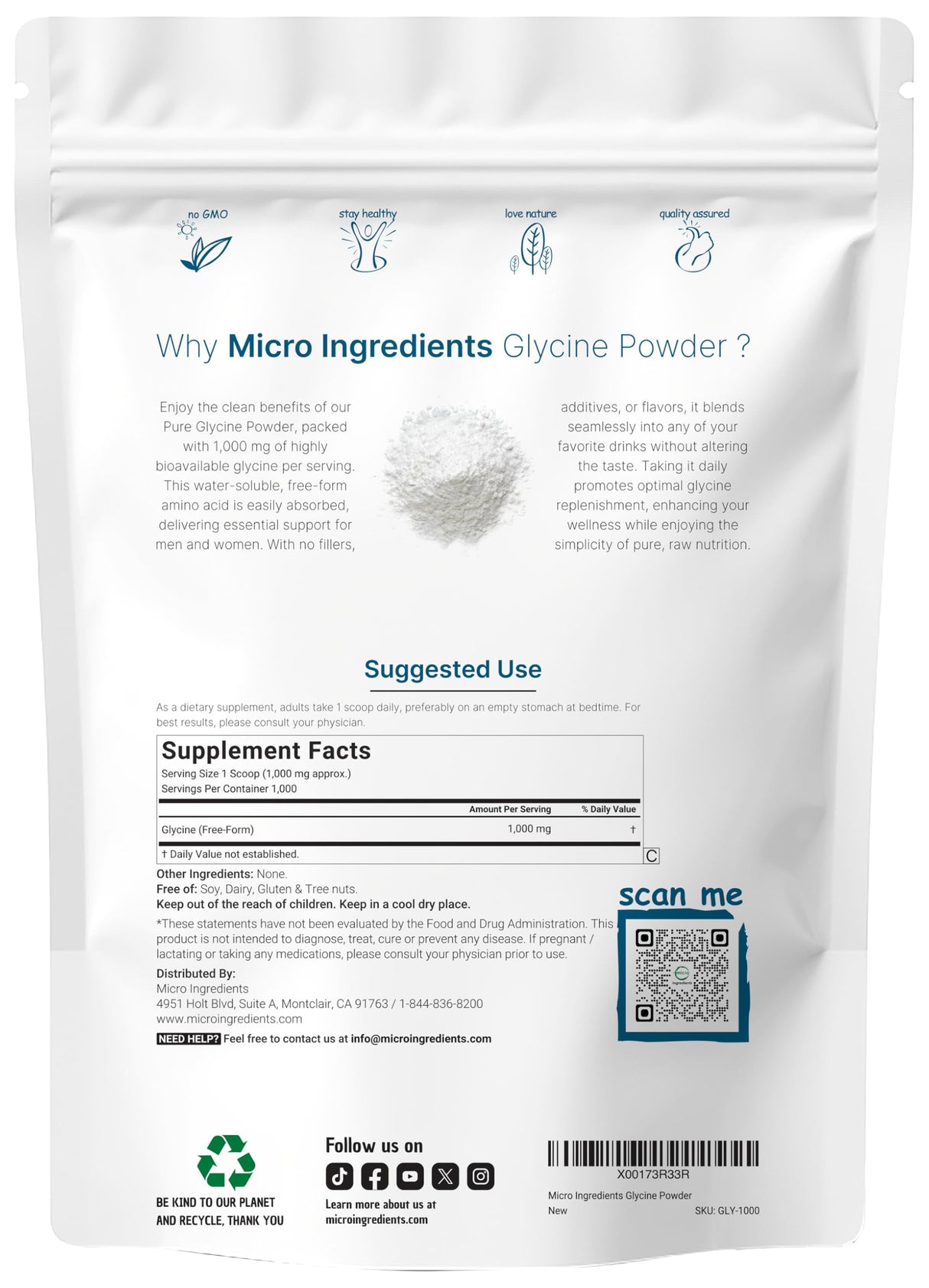 Micro Ingredients Glycine Powder, 1KG (2.2 Pounds), Glycine 1000mg Per Serving, Supports Restful Sleep and Neurotransmitter, Water Soluble and Products of USA