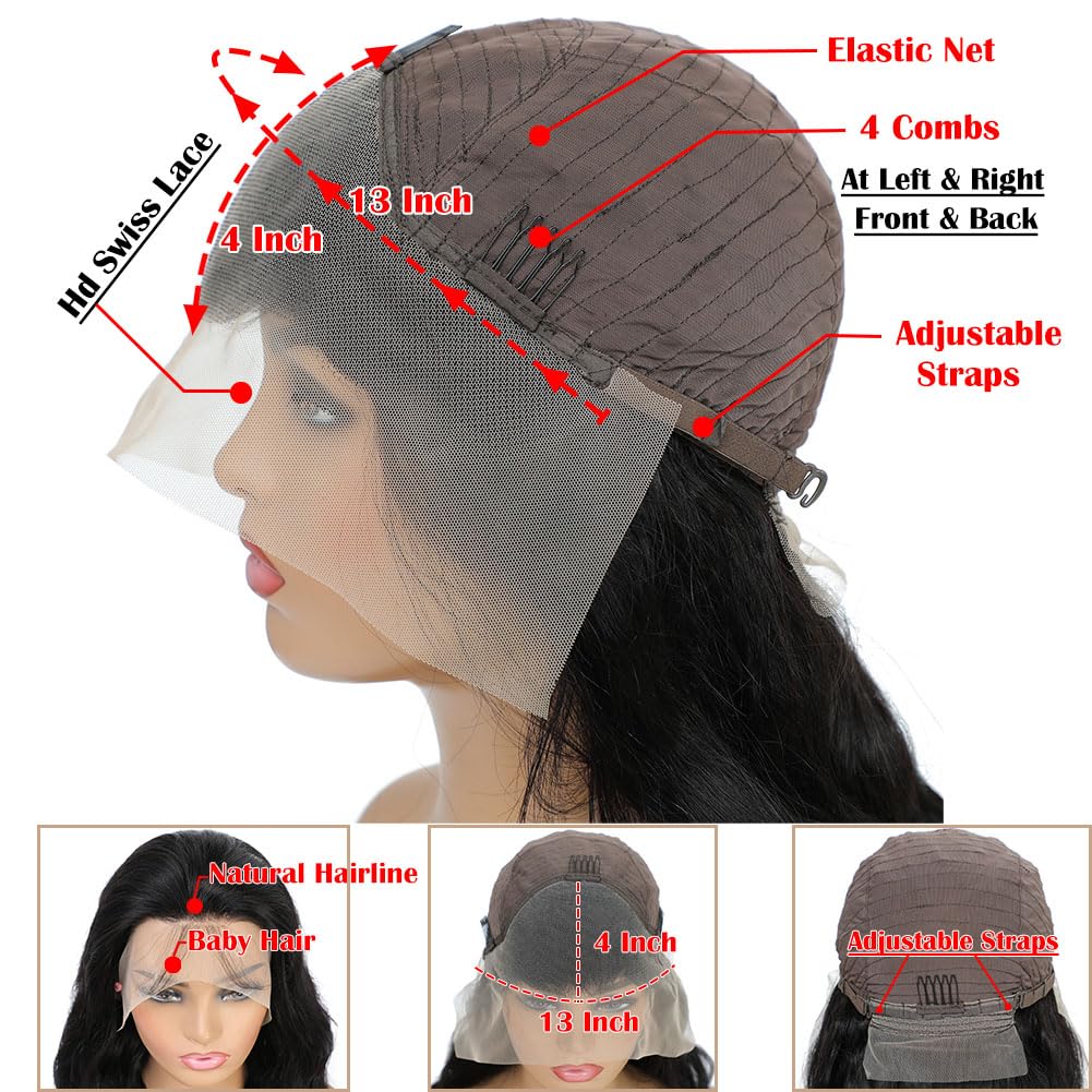 13x4 Body Wave Lace Front Wigs Human Hair Pre Plucked HD Transparent Lace Frontal Wig with Baby Hair 180% Density 9A Glueless Brazilian Virgin Human Hair Lace Front Wigs for Women Natural Black 22Inch
