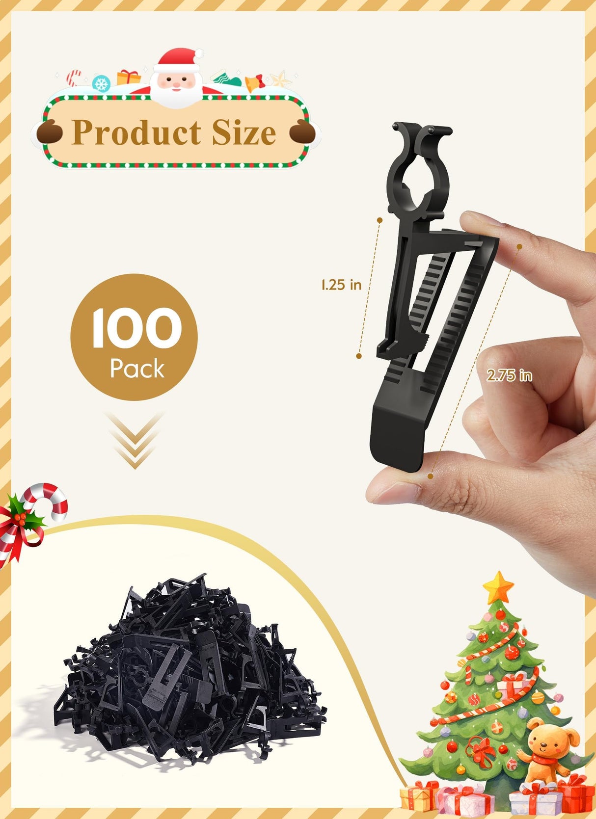 Universal Christmas Lights Shingle Clips, 100 Count All in One Gutter Clips, Shatterproof All Purpose for C7/E12, C9/E17, Mini String, Rope Lights, Christmas Decorations, Black