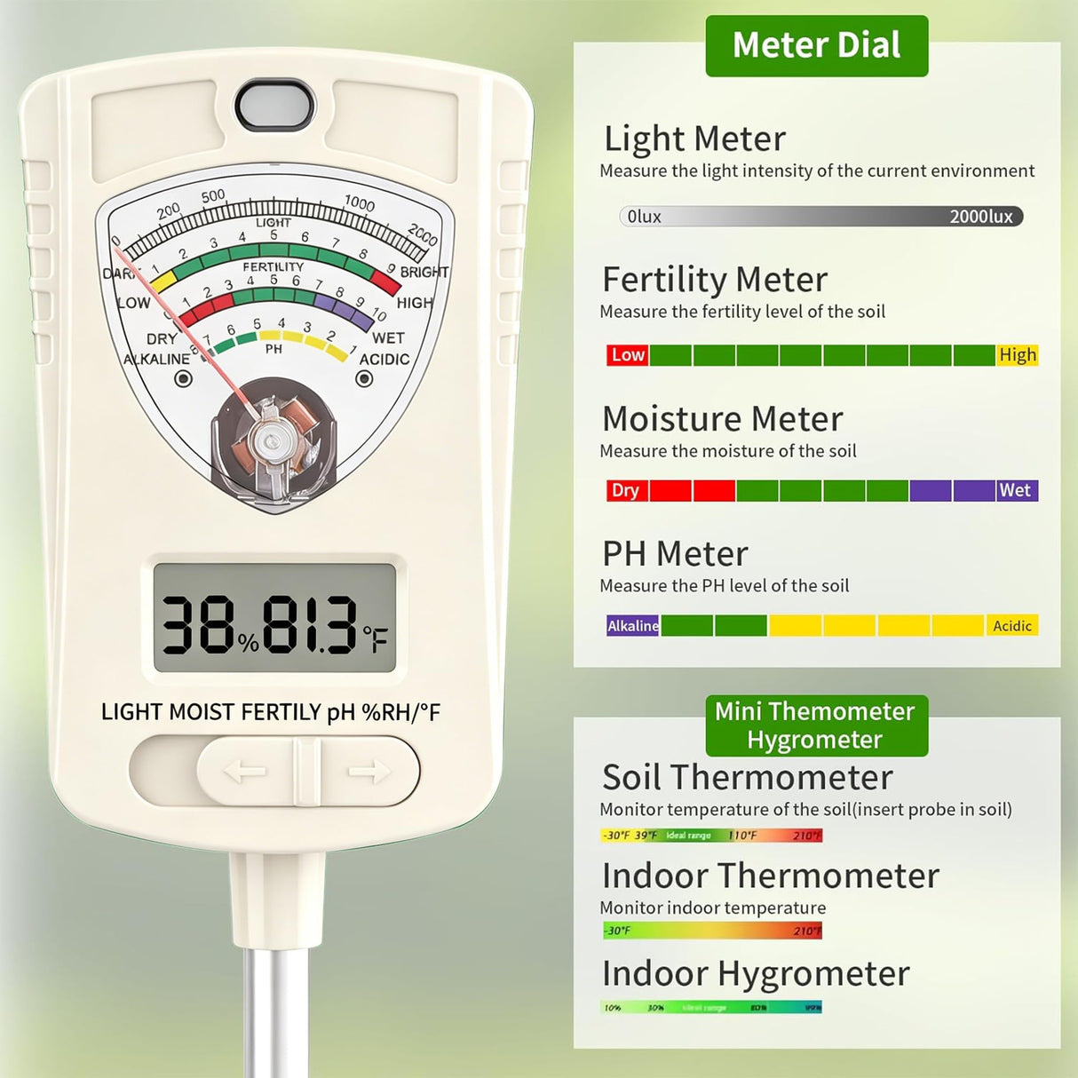 Soil Test Kit, 7-in-1 Soil Moisture Meter, Dual Screen Soil Tester, Moisture/pH/Temperature/Sunlight/Air Humidity/Fertility, Perfect for Farming, Gardening, Lawns, Outdoor-Lvory White