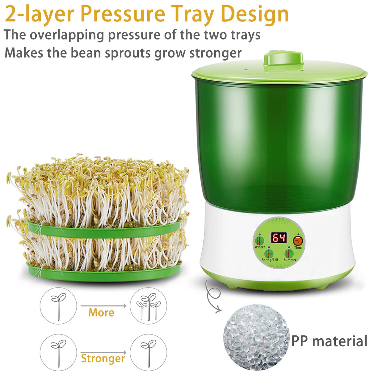 OYSIR Bean Sprouts Machine, LED Display Time Control, Intelligent Automatic Bean Sprouts Maker, 2 Layers Function Large Capacity Seed Grow Cereal Tool, 110V