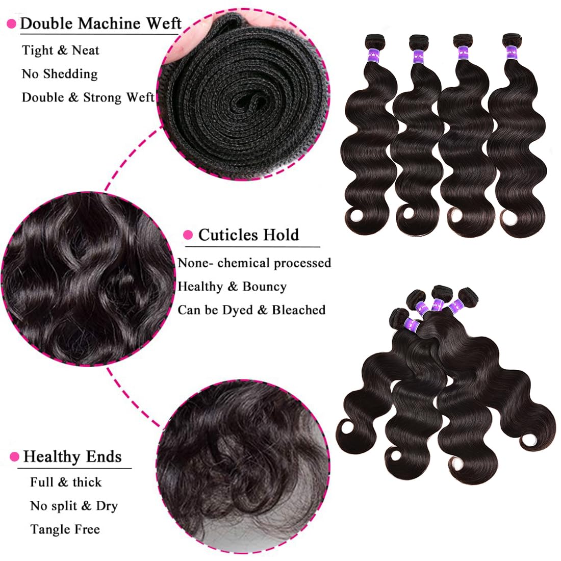 Human Hair Bundles Body Wave 20 22 24 26 Inch 4 Bundles 12A Human Hair Extensions 100% Unprocessed Brazilian Virgin Human Hair Deals Quick Weave Bundles Curly Wave Hair Natural Black Color