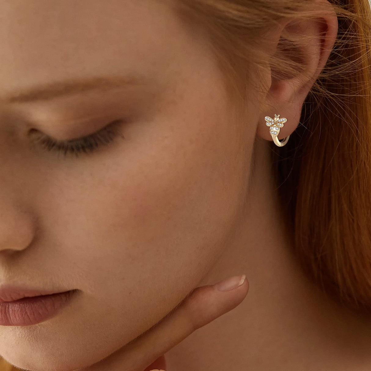 18K Gold Bee Earrings for Women, Hypoallergenic Stud with Cubic Zirconia, Hoop Earrings for Women, Gold/Silver Colors