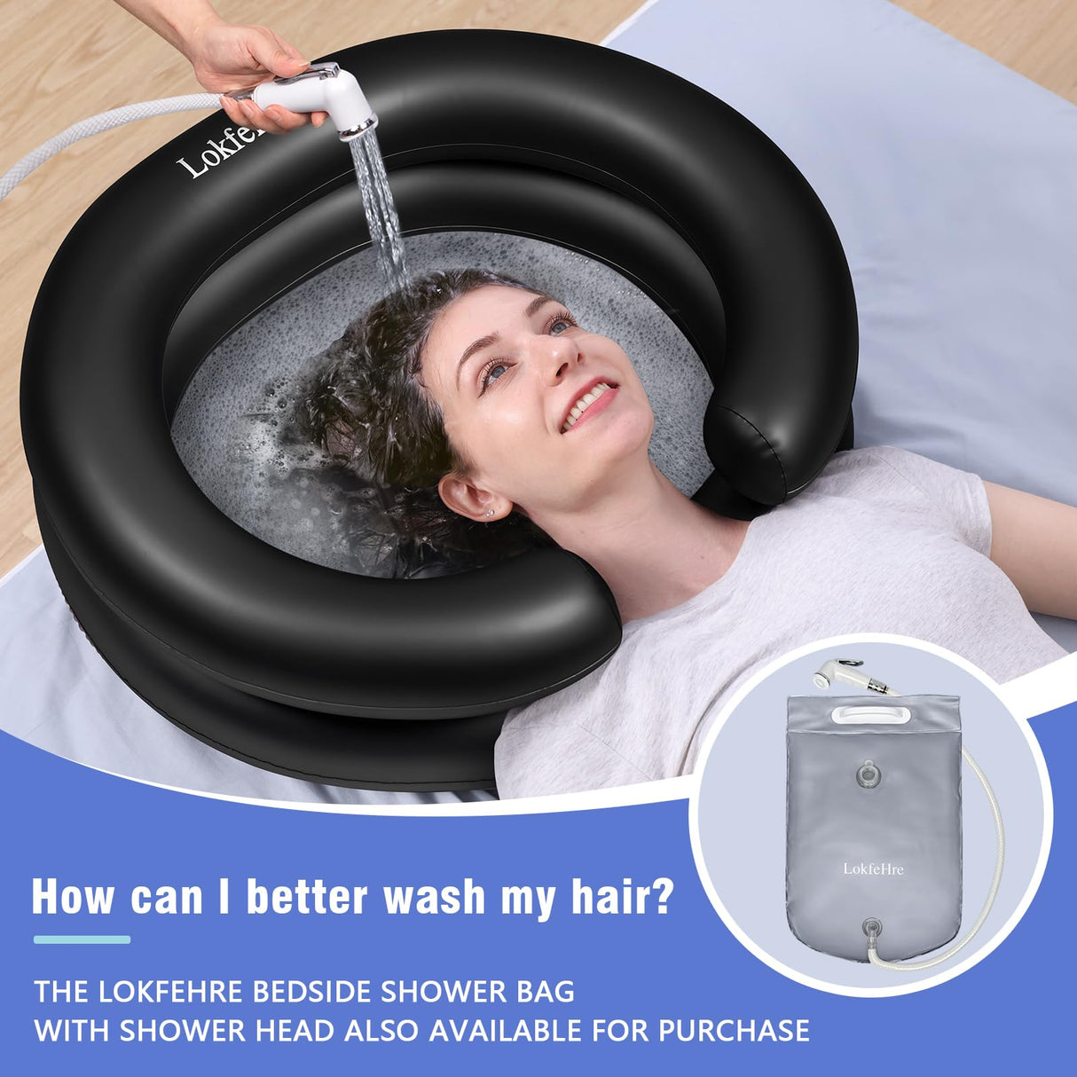 LOKFEHRE Large Portable Inflatable Hair Washing Basin for Bedridden - Wash Hair in Bed with Inflatable Shampoo Bowl.For Elderly,Disabled,Injured,Ideal Inflatable Sink for Locs Detox (Black)