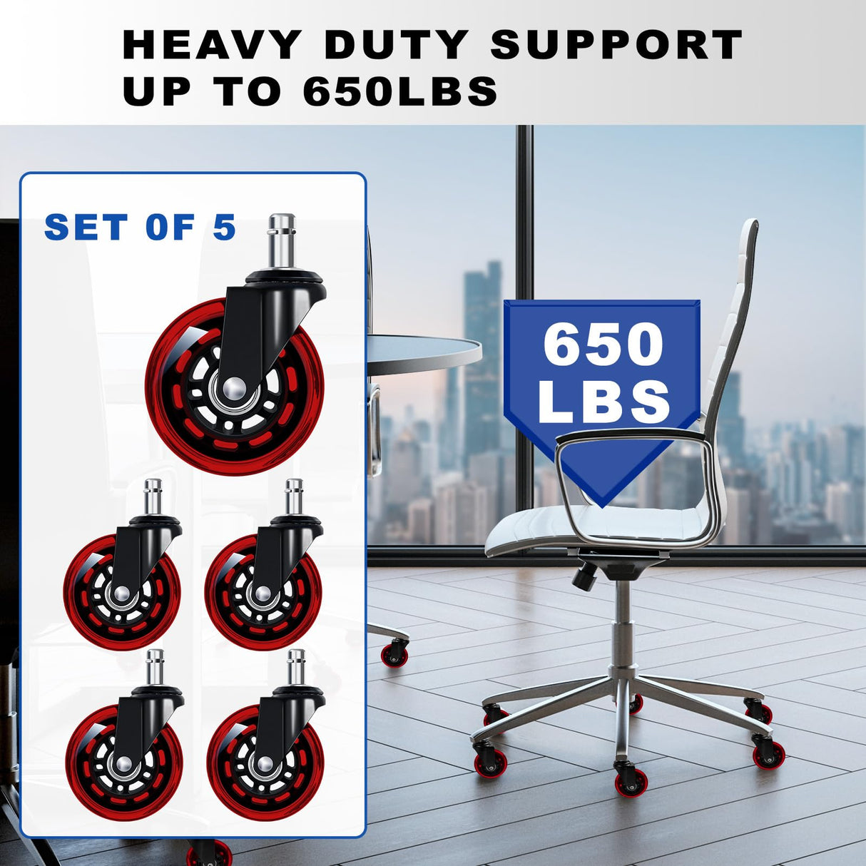 Office Chair Wheels for Casters Replacement - 3" Rubber Wheels for Computer Gaming Desk Caster Wheels Smooth & Safe Rolling for All Floors Including Hardwood and Carpet - Set of 5 - Red