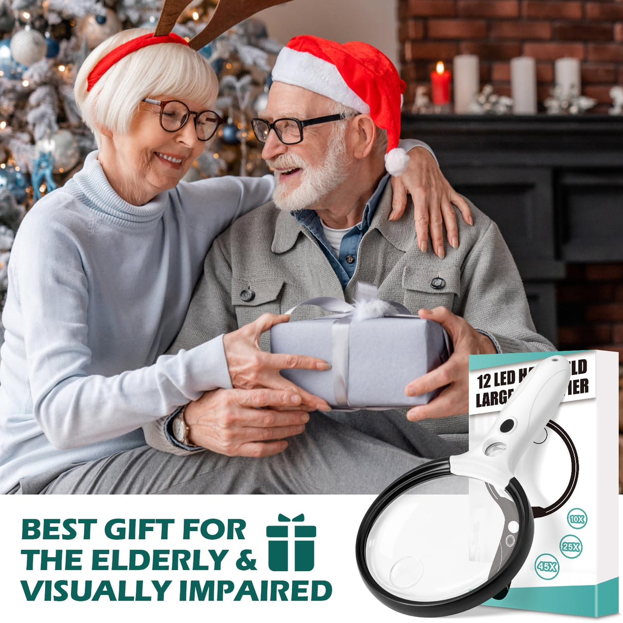 Large Magnifying Glass with Light, 10X 25X 45X Handheld Illuminated Magnifier with 3 Light Modes, 12 LED Lights, Storage Bag, Clean Cloth for Seniors Reading Coins Inspection (Black, Round)