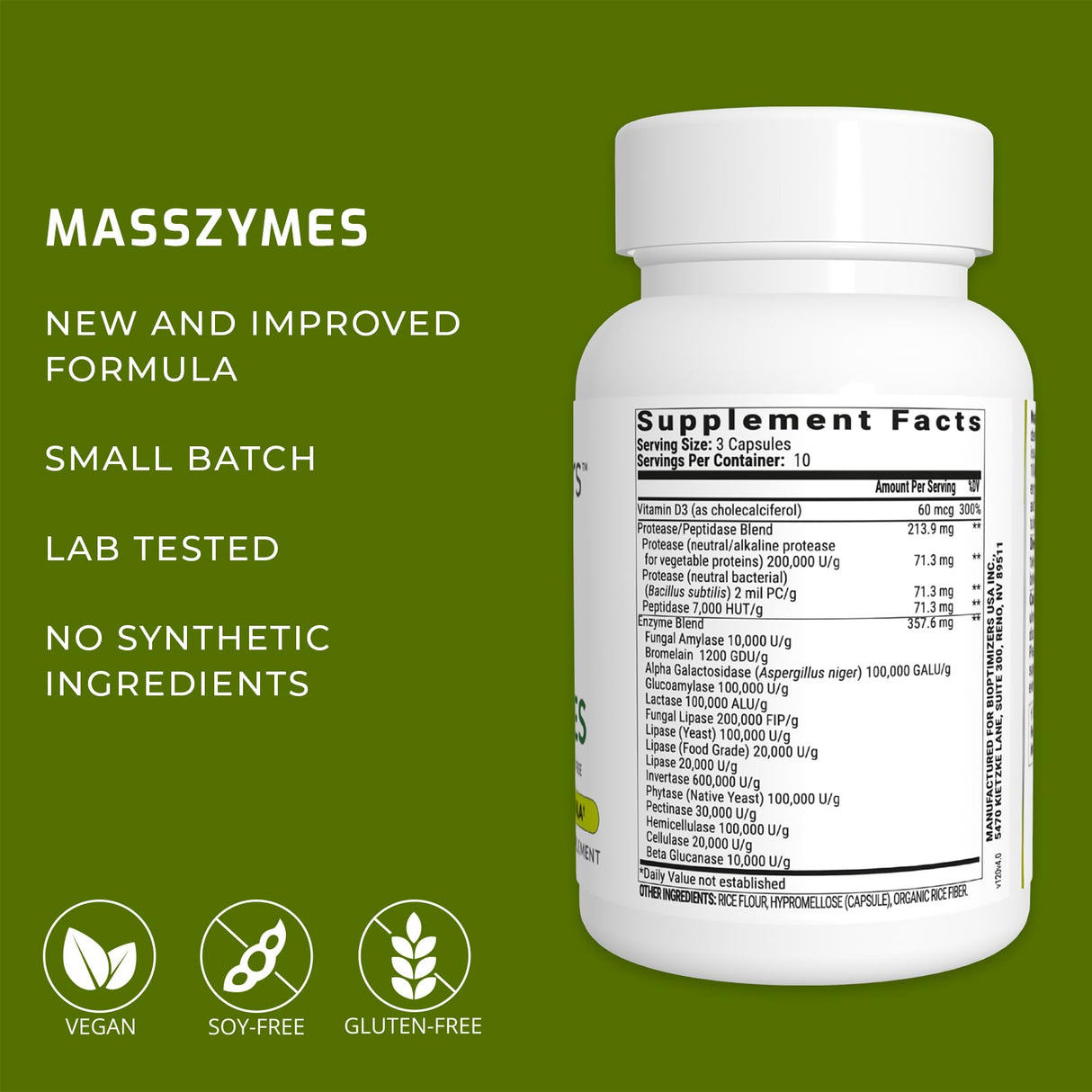 BIOptimizers MassZymes Digestive Enzymes Supplement – Max Nutrient Absorption, Boost Energy, Reduce Bloating – Health Vegan Dairy-Free – Muscle Recovery, Gut Health & Clarity - 100,000 Units 30 Caps