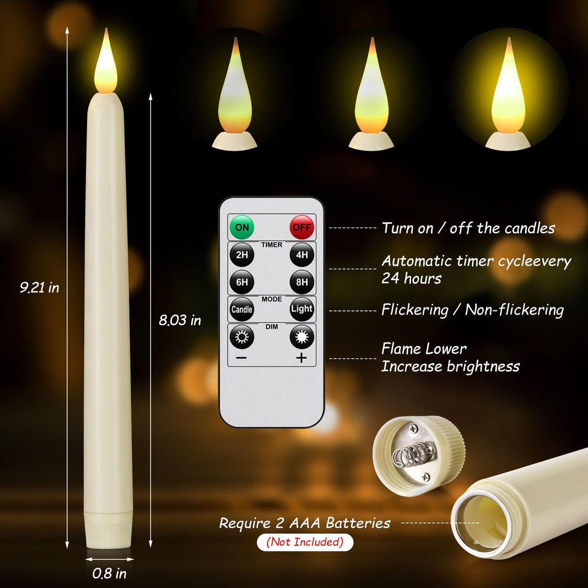 Hanzim Flameless Taper Candles with Remote Control,15pack Dripless Plastic LED Candles,Flickering Battery Operated,9.2'’Classic Tall Candle for Wedding,Party,Halloween,Christmas,Home Decor (Ivory)