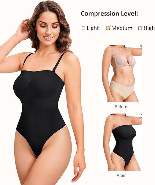 Strapless Thong Bodysuit for Women Seamless Tummy Control Shapewear Body Shaper -Removable Strap Tube Top Leotard