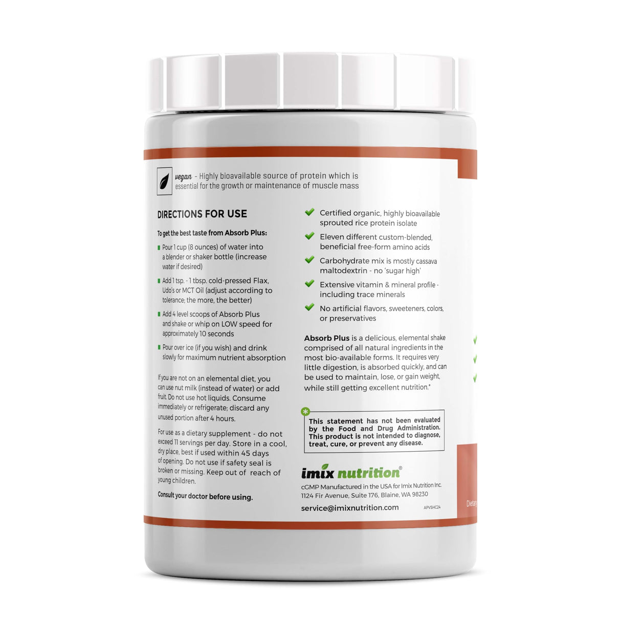 Absorb Plus Vegan Elemental Shake – Powdered Blend, Natural Ingredients, Non-GMO, Gluten-Free, Organic Sprouted Rice Protein - Smooth, Easily Mixable Formula (2.2 lbs, Simply Horchata Creme)