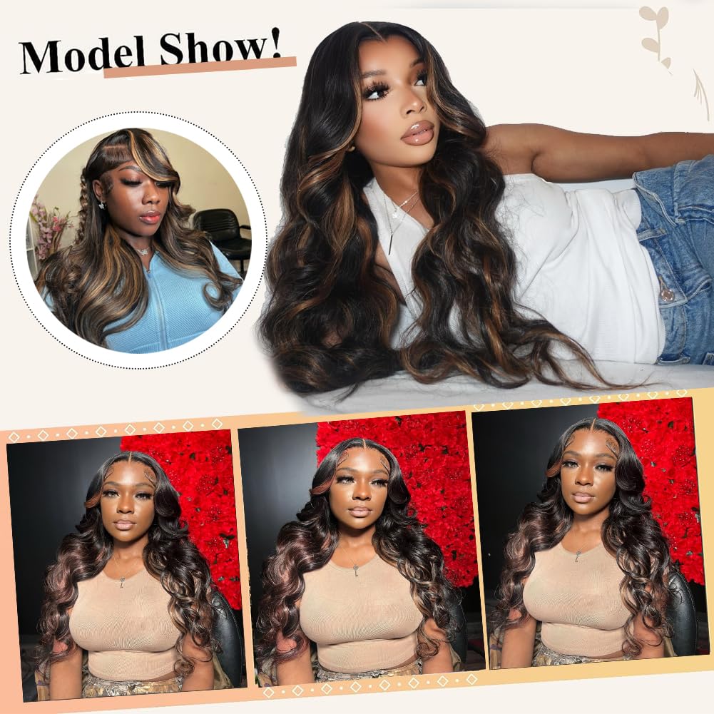 28 Inch Honey Blonde Ombre Lace Front Wig Human Hair 200 Density 13X6 Highlight Body Wave Lace Front Wig Human Hair Pre Plucked With Baby Hair Glueless HD Lace Frontal Wig for Women T1B/30 Colored Wig
