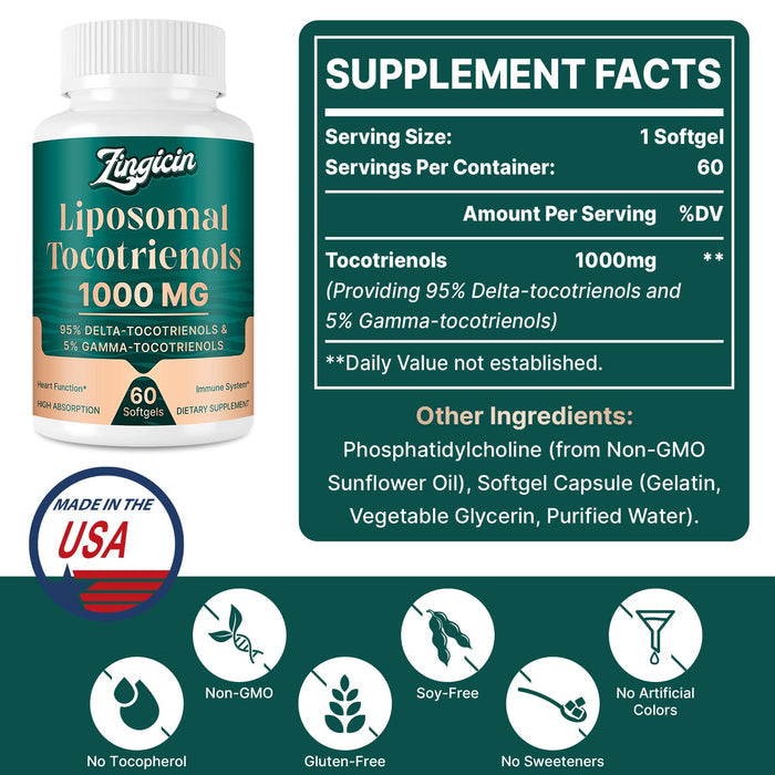 Vitamin E Tocotrienols - Liposomal Tocotrienols Supplement 1000mg, Highly Absorbable Delta Tocotrienol and Gamma Tocotrienol for Cardiovascular, Bone Health, and Antioxidant Support, 120 Softgels