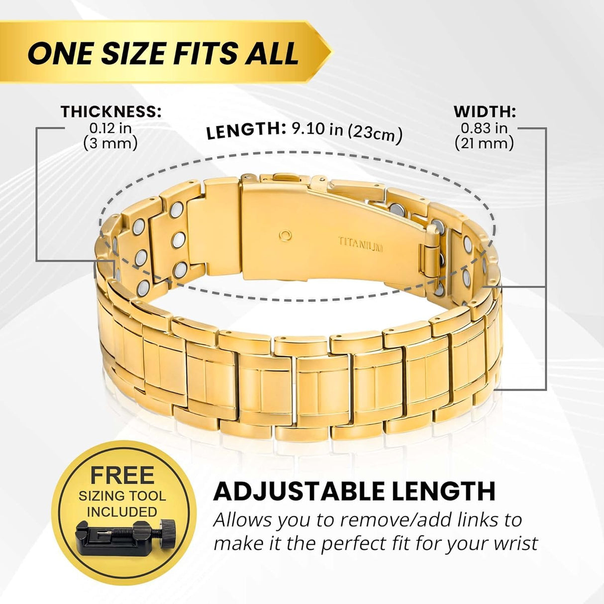 MagnetRX® 3x Strength Magnetic Bracelets for Men – Effective Magnetic Mens Titanium Bracelet – Premium Fold–over Clasp & Adjustable Length with Sizing Tool & Gift Box (Gold)