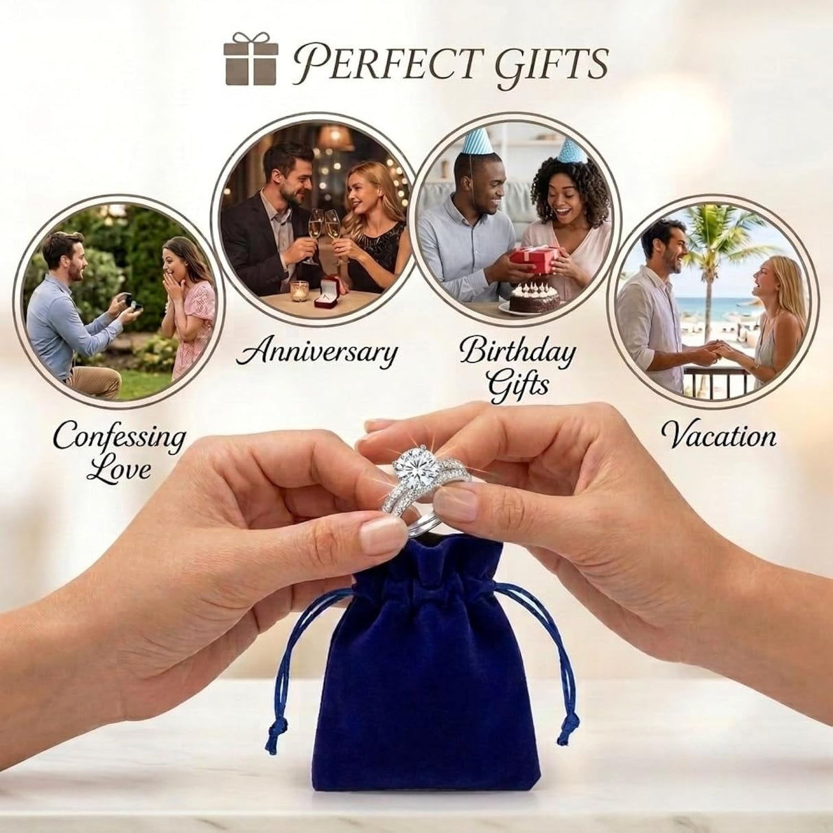 Engagement Rings For Women Wedding Rings Fake Engagement Ring Set Travel 18K White Gold Plated Promise Rings For Her 3 Carat 3CT Round Cubic Zirconia CZ Bridal Ring Sets Cheap Band 2pcs, Size 7.5