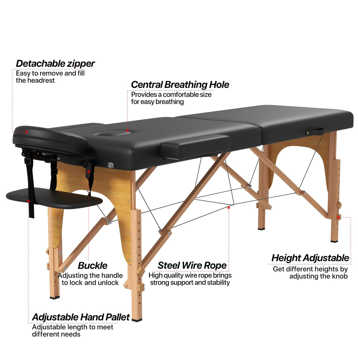 HENGJIANYI Massage Table, Portable 2 Section Foldable Tattoo Bed, Height Adjustable Lash Spa Bed with Face Cradle, Home Light Weight Facial Salon Bed with Wood Frame, Black