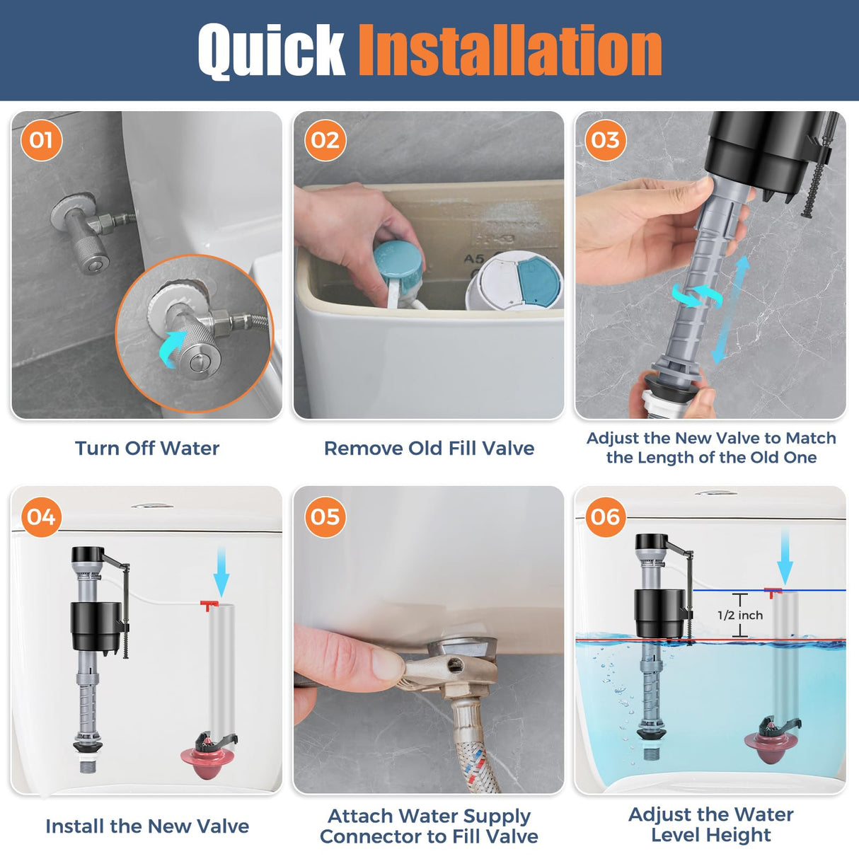 Teviora Universal Toilet Flusher Replacement Kit, Water-Saving & Height Adjustable Fill Valve, 2-Inch Flapper, Quiet & Anti-Siphon Toilet Repair Kit Inside Tank, Easy to Install (Black, 1-Pack)