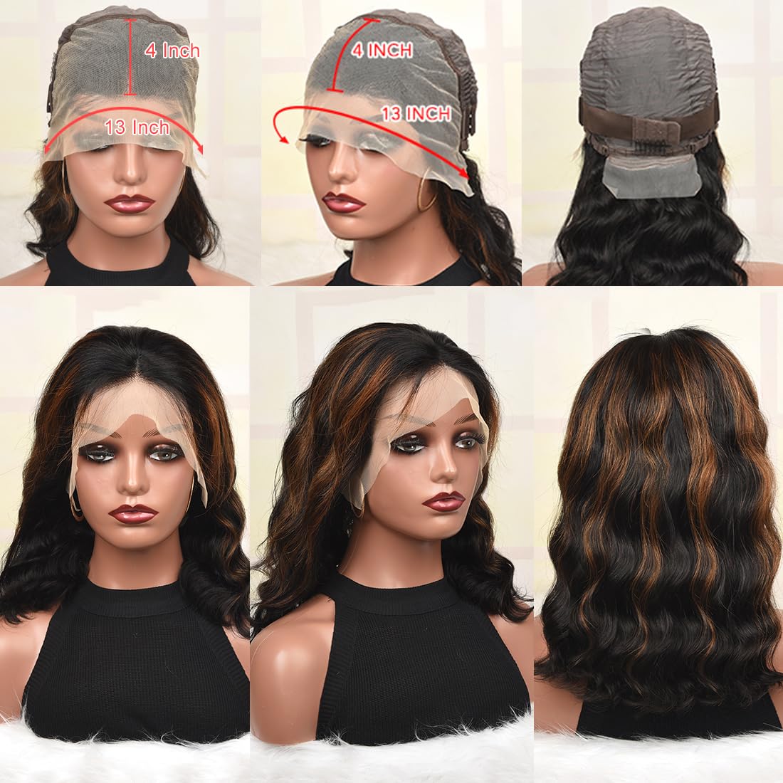 CIYOO 1B/30 Ombre Highlight Bob Wig Human Hair 14 inch Body Wave Bob Wig Loose Wavy 13x4 Highlight HD Lace Frontal Bob Wig Human Hair 180% Density Pre Plucked Ombre Colored Short Wigs for Black Women