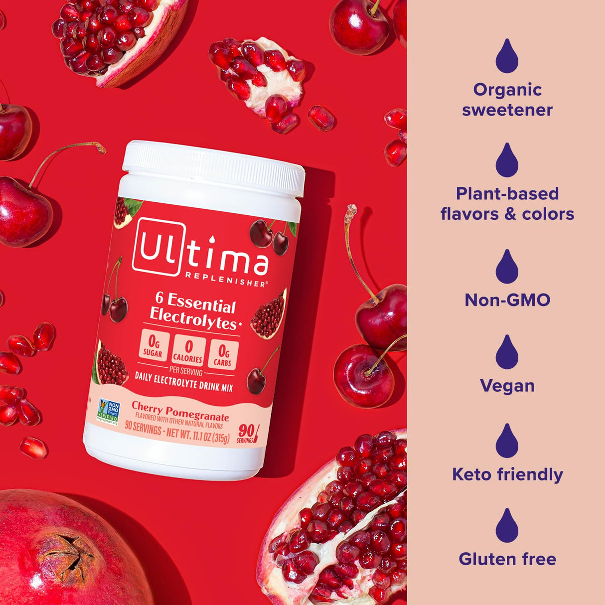Ultima Replenisher Daily Electrolyte Powder Drink Mix – Sugar Free – Cherry Pomegranate, 90 Servings – Hydration Powder with 6 Electrolytes & Minerals – Keto Friendly, Vegan, Non-GMO